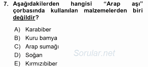 Osmanlı Mutfağı 2016 - 2017 Dönem Sonu Sınavı 7.Soru