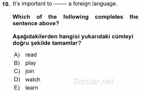 Ingilizce 2 2017 - 2018 Ara Sınavı 10.Soru