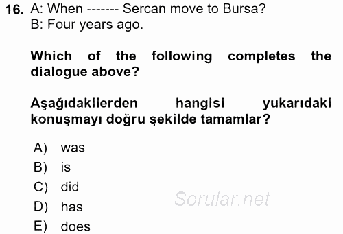 Ingilizce 2 2017 - 2018 Ara Sınavı 16.Soru