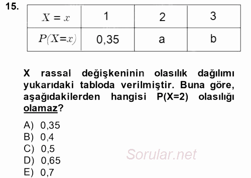 İstatistik 1 2014 - 2015 Dönem Sonu Sınavı 15.Soru