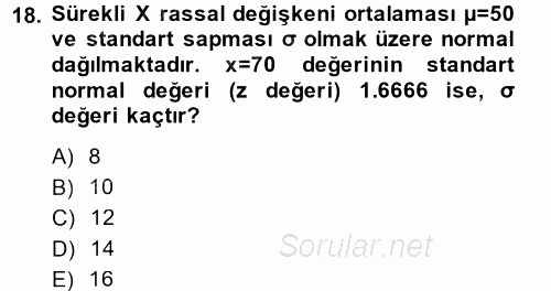 İstatistik 1 2014 - 2015 Dönem Sonu Sınavı 18.Soru