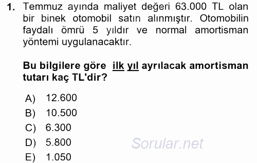 Envanter ve Bilanço 2017 - 2018 Dönem Sonu Sınavı 1.Soru