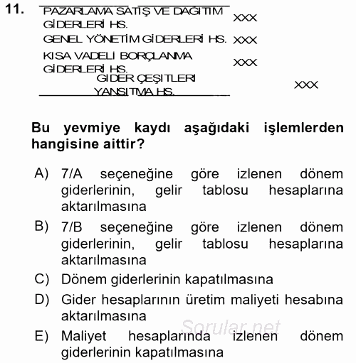 Envanter ve Bilanço 2017 - 2018 Dönem Sonu Sınavı 11.Soru