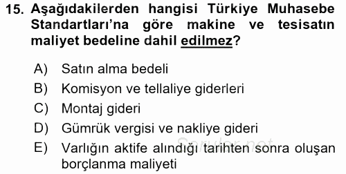 Envanter ve Bilanço 2017 - 2018 Dönem Sonu Sınavı 15.Soru