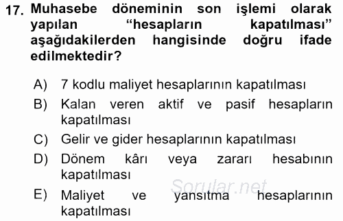 Envanter ve Bilanço 2017 - 2018 Dönem Sonu Sınavı 17.Soru