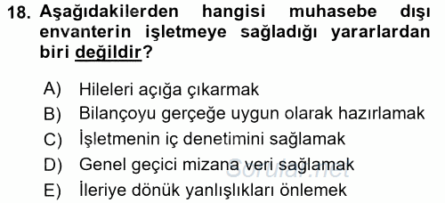 Envanter ve Bilanço 2017 - 2018 Dönem Sonu Sınavı 18.Soru