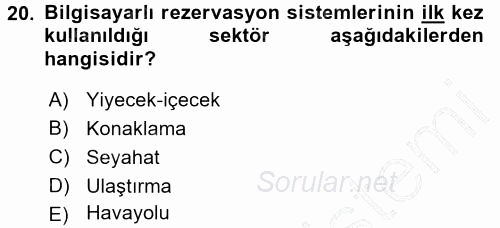 Odalar Bölümü Yönetimi 2015 - 2016 Dönem Sonu Sınavı 20.Soru