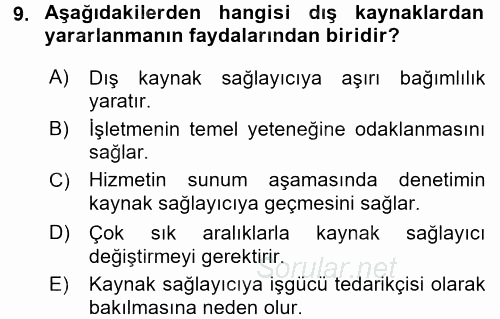 Odalar Bölümü Yönetimi 2015 - 2016 Dönem Sonu Sınavı 9.Soru