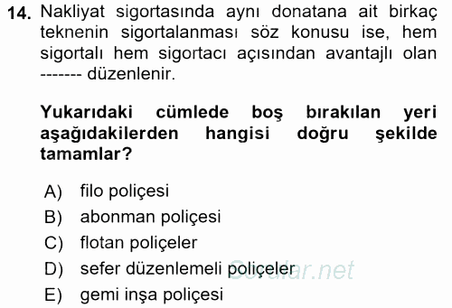 Hayat Dışı Sigortalar 2017 - 2018 Ara Sınavı 14.Soru