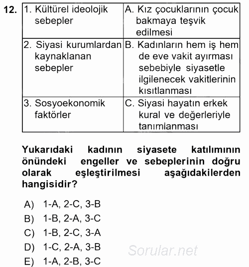 Toplumsal Cinsiyet Sosyolojisi 2017 - 2018 Ara Sınavı 12.Soru