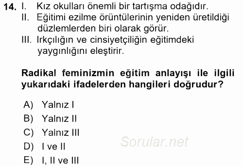 Toplumsal Cinsiyet Sosyolojisi 2017 - 2018 Ara Sınavı 14.Soru