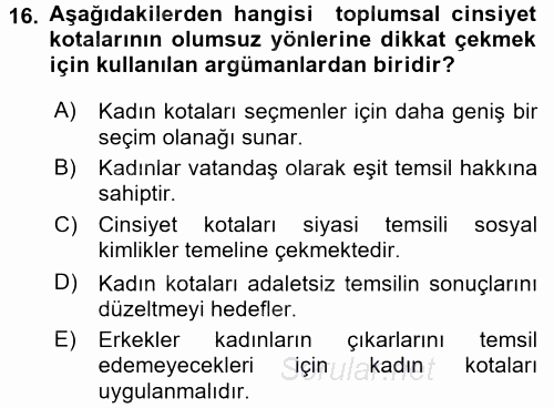 Toplumsal Cinsiyet Sosyolojisi 2017 - 2018 Ara Sınavı 16.Soru