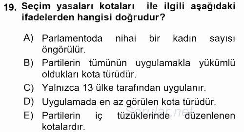 Toplumsal Cinsiyet Sosyolojisi 2017 - 2018 Ara Sınavı 19.Soru