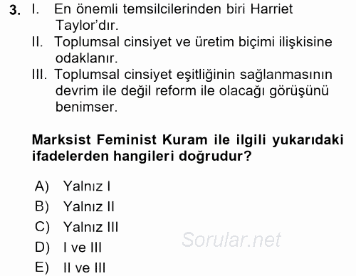 Toplumsal Cinsiyet Sosyolojisi 2017 - 2018 Ara Sınavı 3.Soru