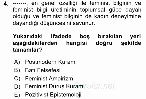 Toplumsal Cinsiyet Sosyolojisi 2017 - 2018 Ara Sınavı 4.Soru