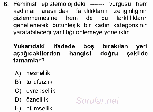 Toplumsal Cinsiyet Sosyolojisi 2017 - 2018 Ara Sınavı 6.Soru