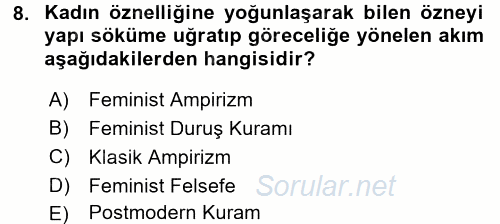 Toplumsal Cinsiyet Sosyolojisi 2017 - 2018 Ara Sınavı 8.Soru