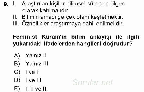 Toplumsal Cinsiyet Sosyolojisi 2017 - 2018 Ara Sınavı 9.Soru