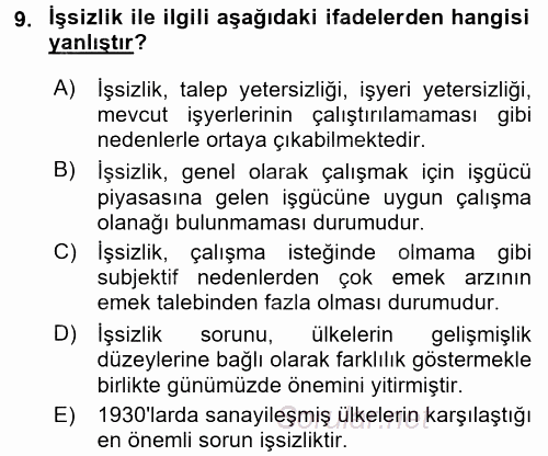 İstihdam ve İşsizlik 2017 - 2018 3 Ders Sınavı 9.Soru