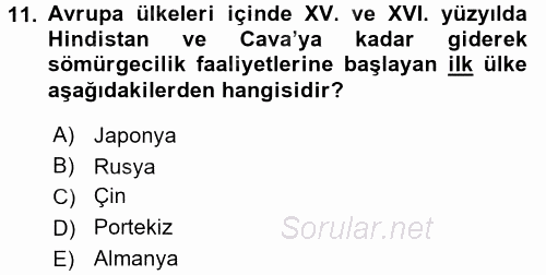 Sömürgecilik Tarihi (Afrika-Asya) 2016 - 2017 Ara Sınavı 11.Soru