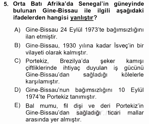 Sömürgecilik Tarihi (Afrika-Asya) 2016 - 2017 Ara Sınavı 5.Soru