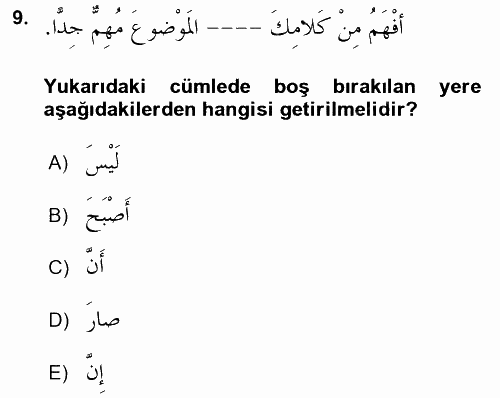 Arapça 2 2017 - 2018 Dönem Sonu Sınavı 9.Soru