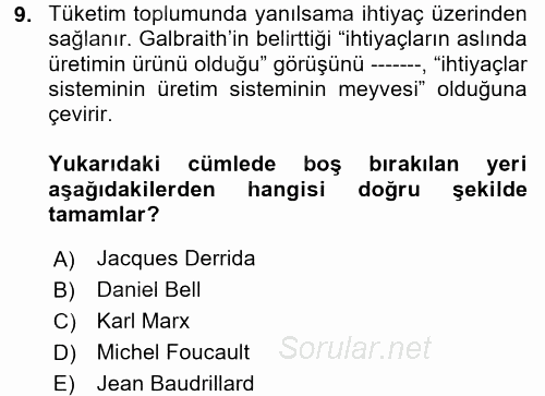Çağdaş Sosyoloji Kuramları 2017 - 2018 Dönem Sonu Sınavı 9.Soru