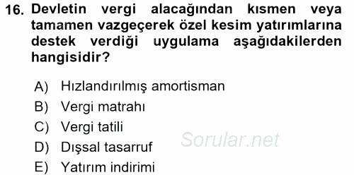 Maliye Politikası 2 2015 - 2016 Tek Ders Sınavı 16.Soru