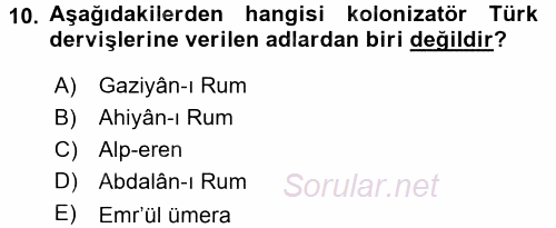 Osmanlı´da İskan ve Göç 2017 - 2018 Ara Sınavı 10.Soru