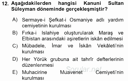 Osmanlı´da İskan ve Göç 2017 - 2018 Ara Sınavı 12.Soru