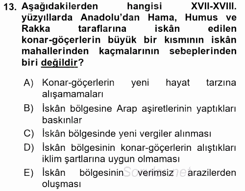 Osmanlı´da İskan ve Göç 2017 - 2018 Ara Sınavı 13.Soru