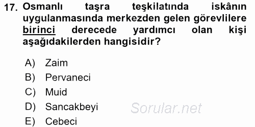 Osmanlı´da İskan ve Göç 2017 - 2018 Ara Sınavı 17.Soru