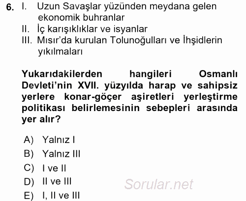 Osmanlı´da İskan ve Göç 2017 - 2018 Ara Sınavı 6.Soru