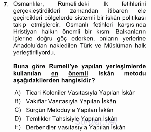 Osmanlı´da İskan ve Göç 2017 - 2018 Ara Sınavı 7.Soru