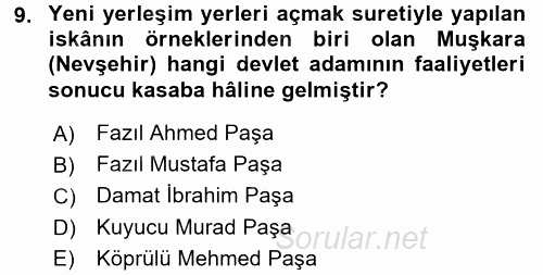 Osmanlı´da İskan ve Göç 2017 - 2018 Ara Sınavı 9.Soru