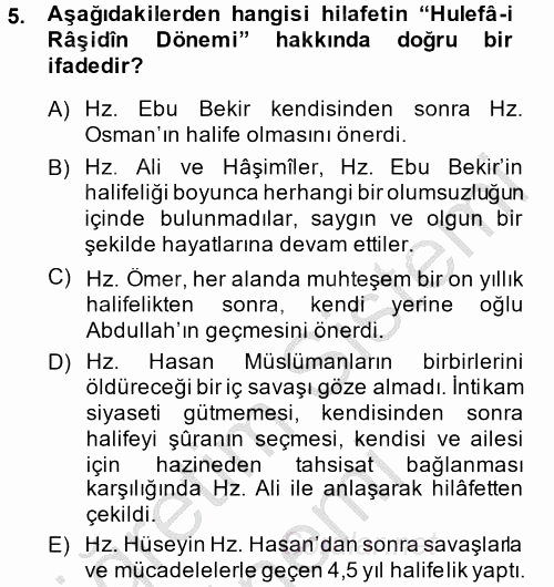İslam Kurumları ve Medeniyeti 2014 - 2015 Dönem Sonu Sınavı 5.Soru