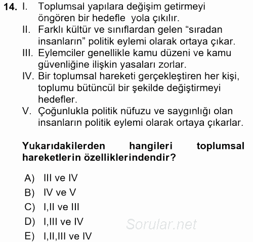 Siyaset Sosyolojisi 2016 - 2017 Dönem Sonu Sınavı 14.Soru