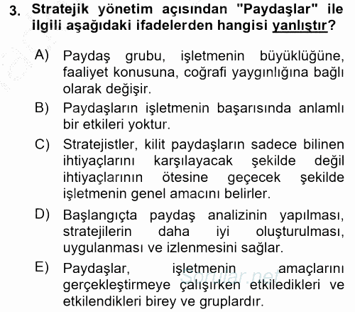 Stratejik Yönetim 1 2016 - 2017 3 Ders Sınavı 3.Soru