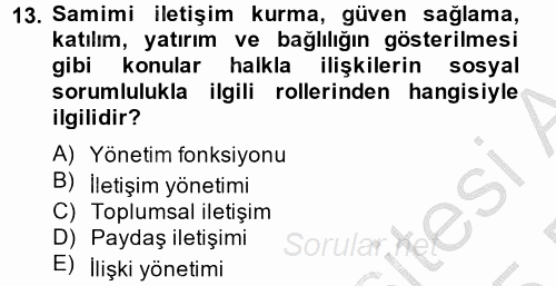 Halkla İlişkiler Uygulamaları ve Örnek Olaylar 2014 - 2015 Dönem Sonu Sınavı 13.Soru