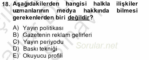 Halkla İlişkiler Uygulamaları ve Örnek Olaylar 2014 - 2015 Dönem Sonu Sınavı 18.Soru
