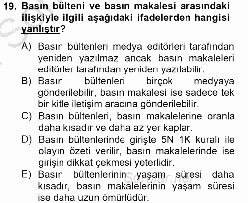 Halkla İlişkiler Uygulamaları ve Örnek Olaylar 2014 - 2015 Dönem Sonu Sınavı 19.Soru