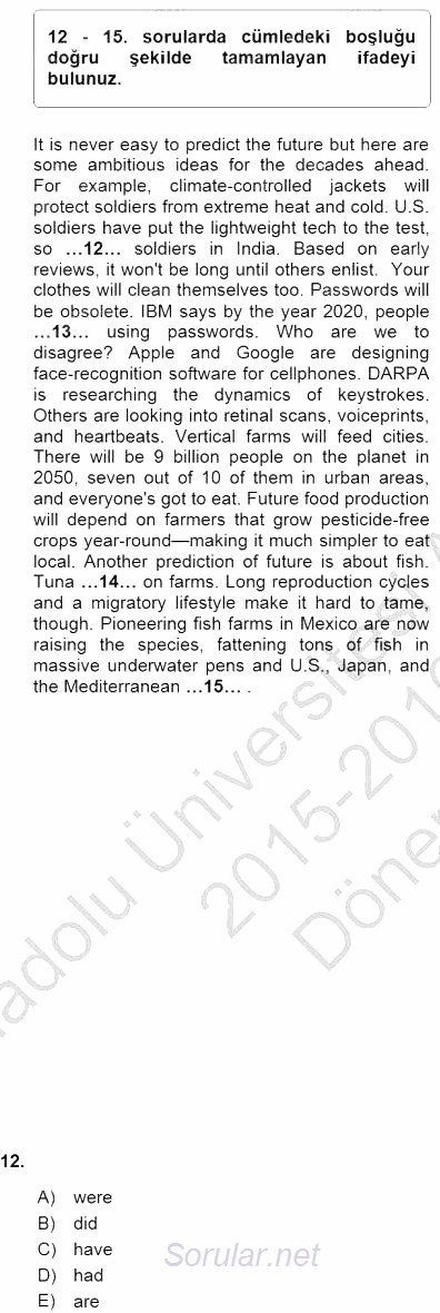 Bağlamsal Dilbilgisi 1 2015 - 2016 Dönem Sonu Sınavı 12.Soru