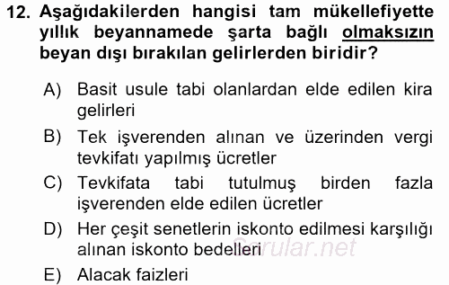 Özel Vergi Hukuku 1 2017 - 2018 Dönem Sonu Sınavı 12.Soru