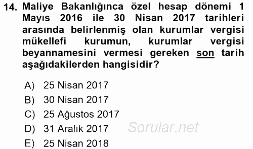 Özel Vergi Hukuku 1 2017 - 2018 Dönem Sonu Sınavı 14.Soru