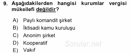 Özel Vergi Hukuku 1 2017 - 2018 Dönem Sonu Sınavı 9.Soru