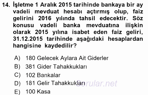 Envanter ve Bilanço 2016 - 2017 Ara Sınavı 14.Soru