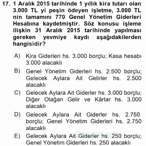 Envanter ve Bilanço 2016 - 2017 Ara Sınavı 17.Soru