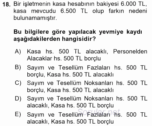 Envanter ve Bilanço 2016 - 2017 Ara Sınavı 18.Soru