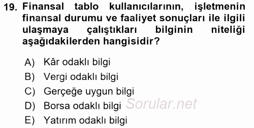 Envanter ve Bilanço 2016 - 2017 Ara Sınavı 19.Soru