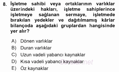 Envanter ve Bilanço 2016 - 2017 Ara Sınavı 8.Soru